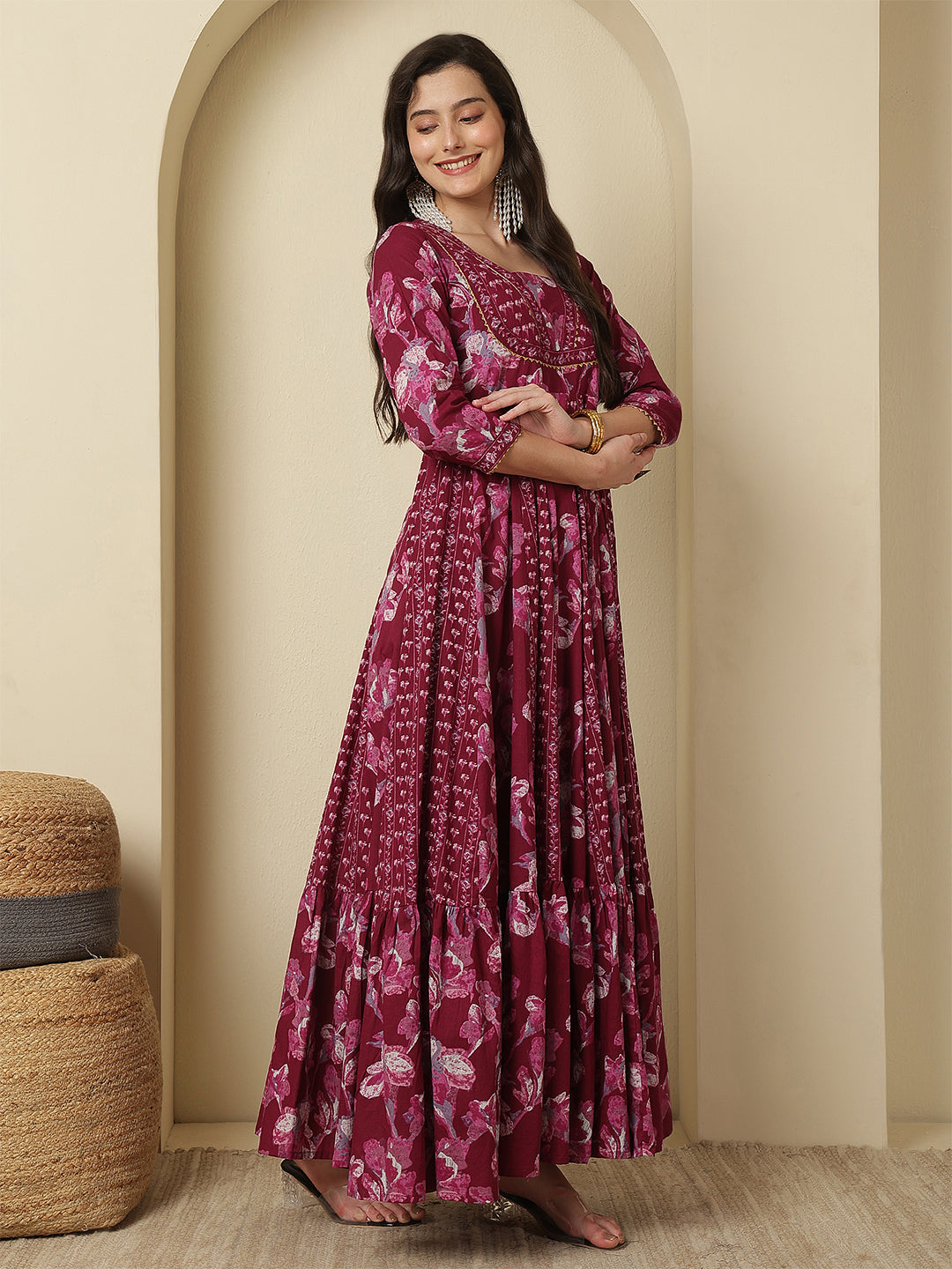 Women Cotton Printed Ankle Length Three-Quarter Sleeves V-Neck Anarkali Kurta