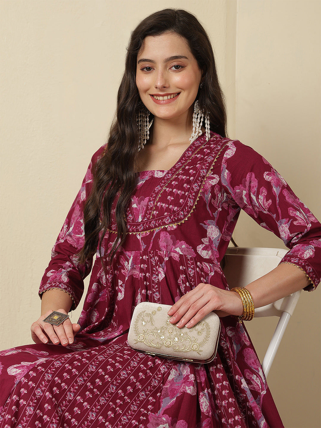 Women Cotton Printed Ankle Length Three-Quarter Sleeves V-Neck Anarkali Kurta