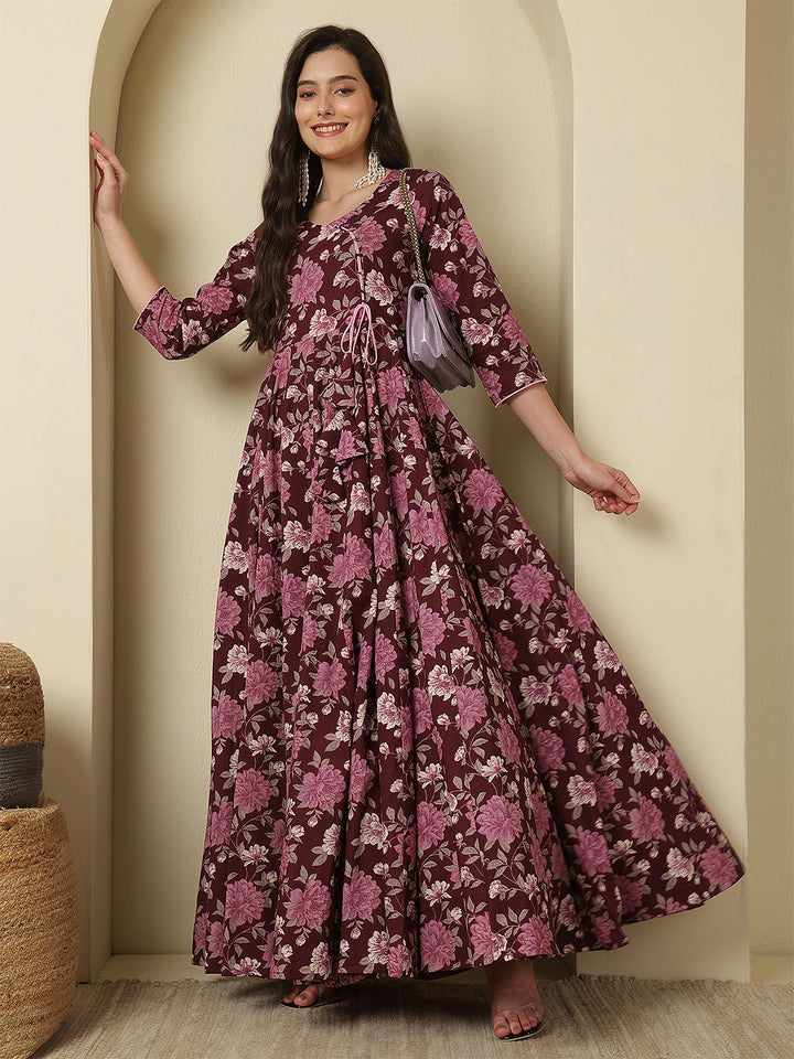 Women Cotton Printed Ankle Length Three-Quarter Sleeves Round Neck Anarkali Kurta