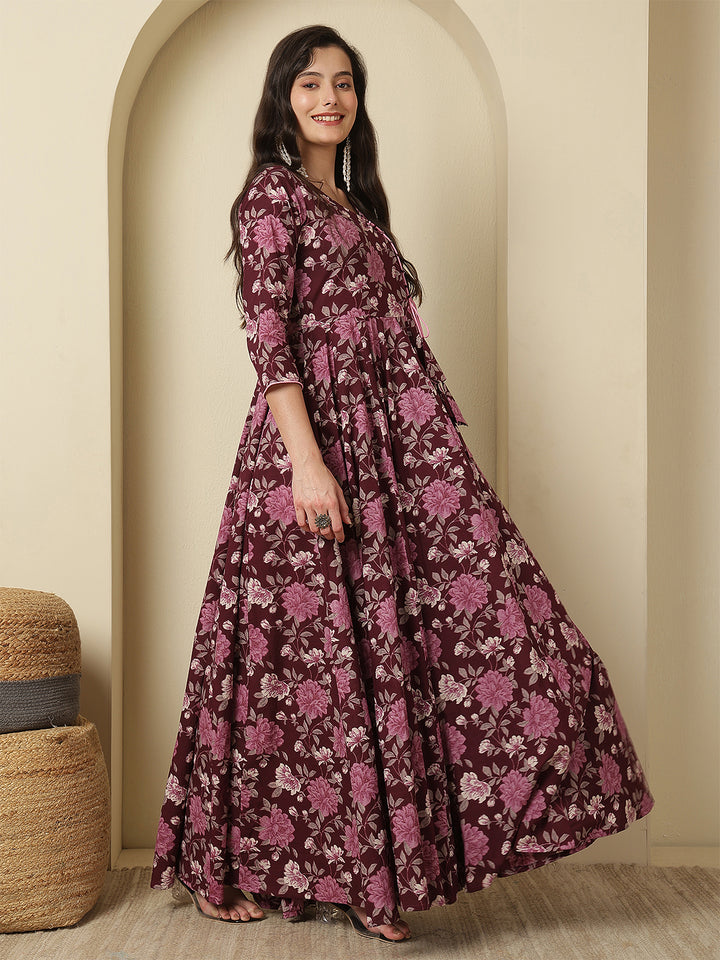 Women Cotton Printed Ankle Length Three-Quarter Sleeves Round Neck Anarkali Kurta