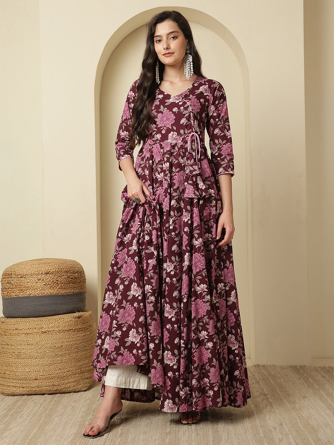 Women Cotton Printed Ankle Length Three-Quarter Sleeves Round Neck Anarkali Kurta