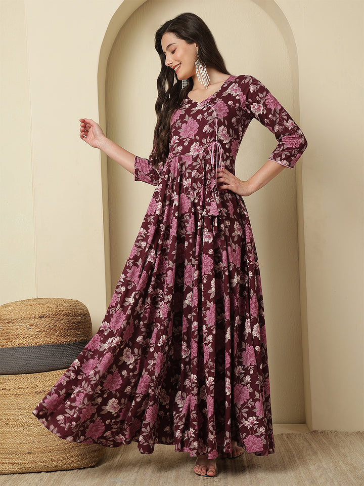 Women Cotton Printed Ankle Length Three-Quarter Sleeves Round Neck Anarkali Kurta