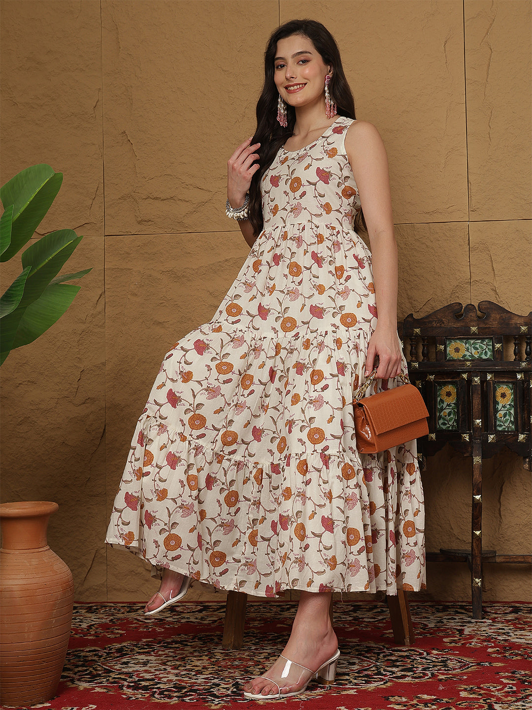 Women Cotton Printed Calf Length Round Neck Tiered Kurta