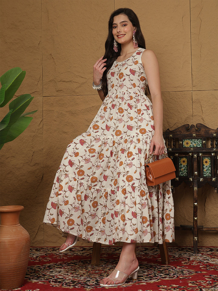 Women Cotton Printed Calf Length Round Neck Tiered Kurta