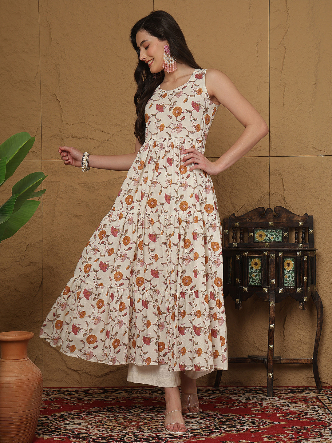 Women Cotton Printed Calf Length Round Neck Tiered Kurta