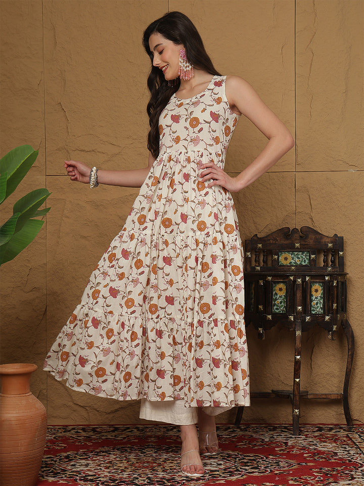 Women Cotton Printed Calf Length Round Neck Tiered Kurta