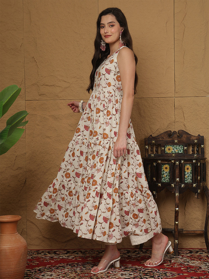 Women Cotton Printed Calf Length Round Neck Tiered Kurta