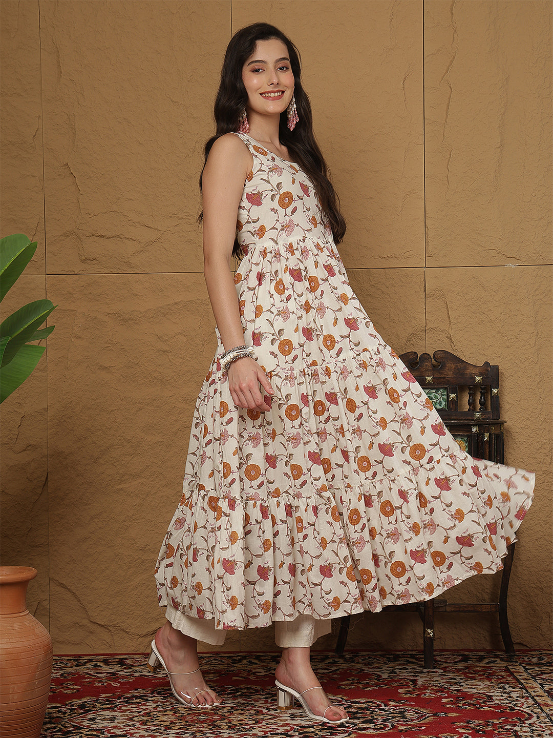 Women Cotton Printed Calf Length Round Neck Tiered Kurta
