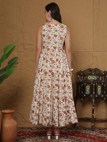 Women Cotton Printed Calf Length Round Neck Tiered Kurta
