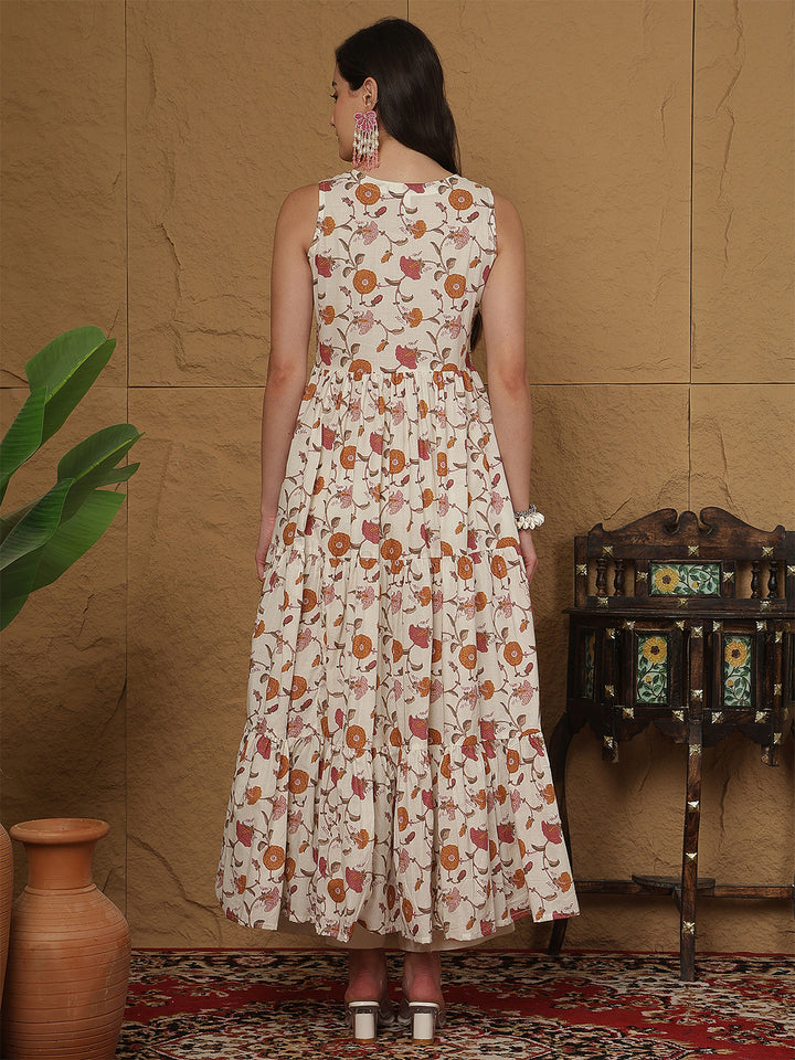 Women Cotton Printed Calf Length Round Neck Tiered Kurta