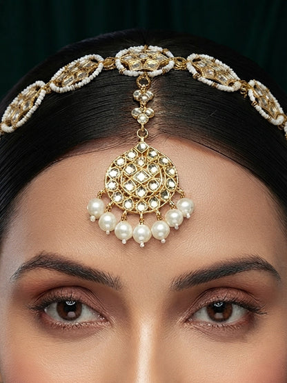 Gold Plated Kundan Studded Pearls Beaded Traditional Hair Accessory
