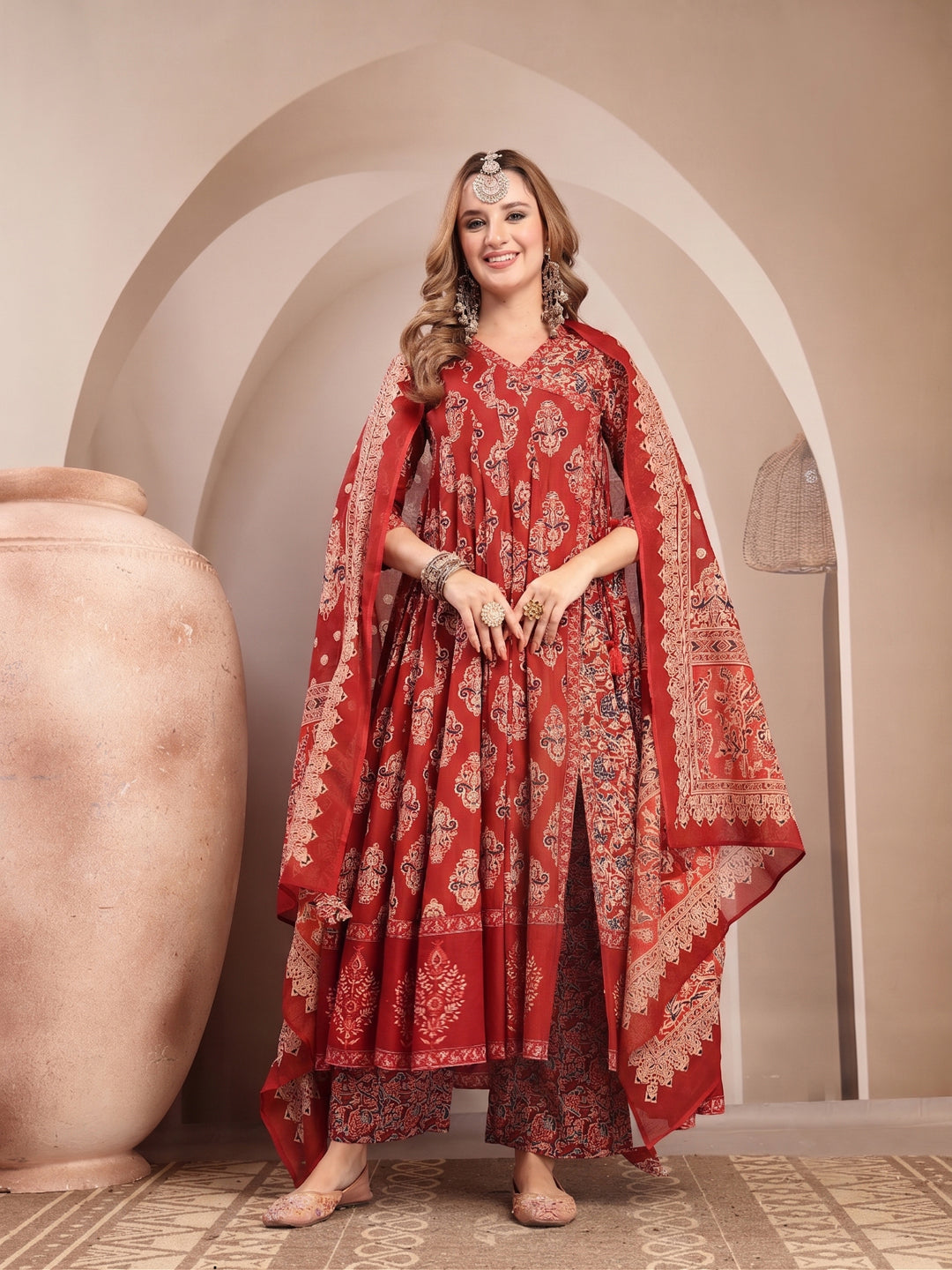 Printed Cotton Blend Anarkali Kurta Set With Dupatta