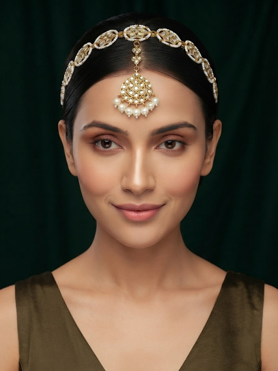 Gold Plated Kundan Studded Pearls Beaded Traditional Hair Accessory