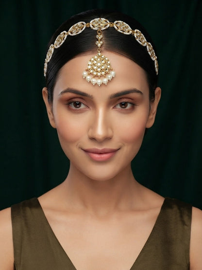 Gold Plated Kundan Studded Pearls Beaded Traditional Hair Accessory