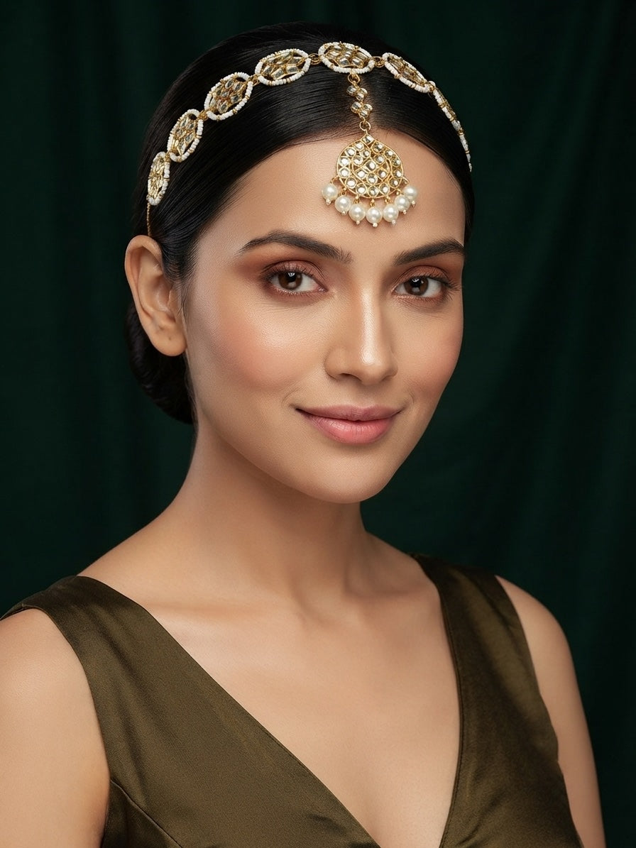 Gold Plated Kundan Studded Pearls Beaded Traditional Hair Accessory