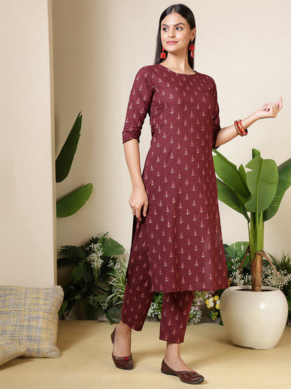Burgundy Printed Kurta with Palazzos