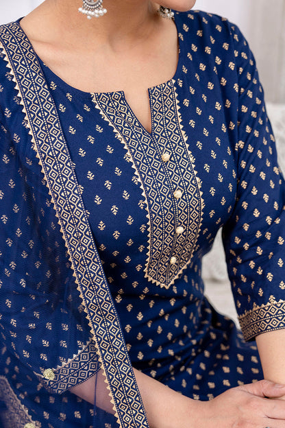 Navy Blue Gold Printed Straight Kurta Set With Net Dupatta
