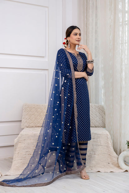 Navy Blue Gold Printed Straight Kurta Set With Net Dupatta