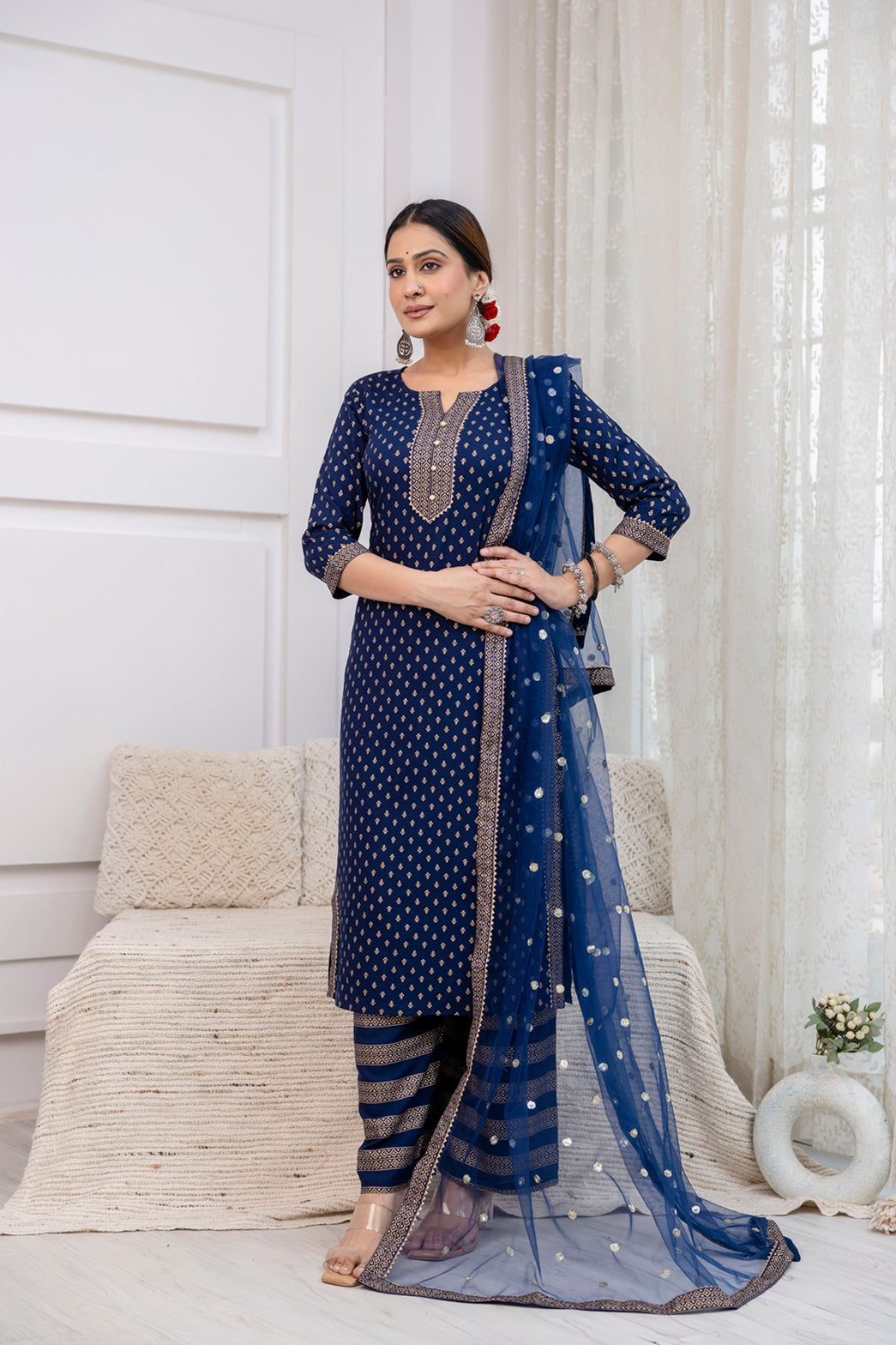 Navy Blue Gold Printed Straight Kurta Set With Net Dupatta
