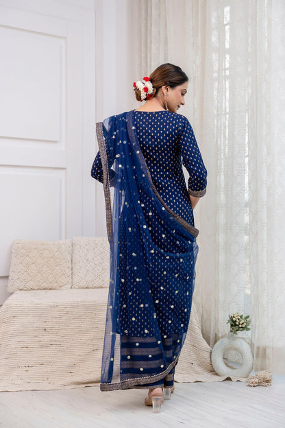 Navy Blue Gold Printed Straight Kurta Set With Net Dupatta