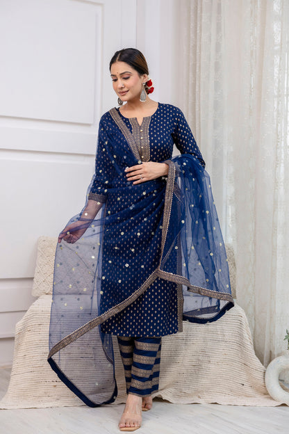 Navy Blue Gold Printed Straight Kurta Set With Net Dupatta