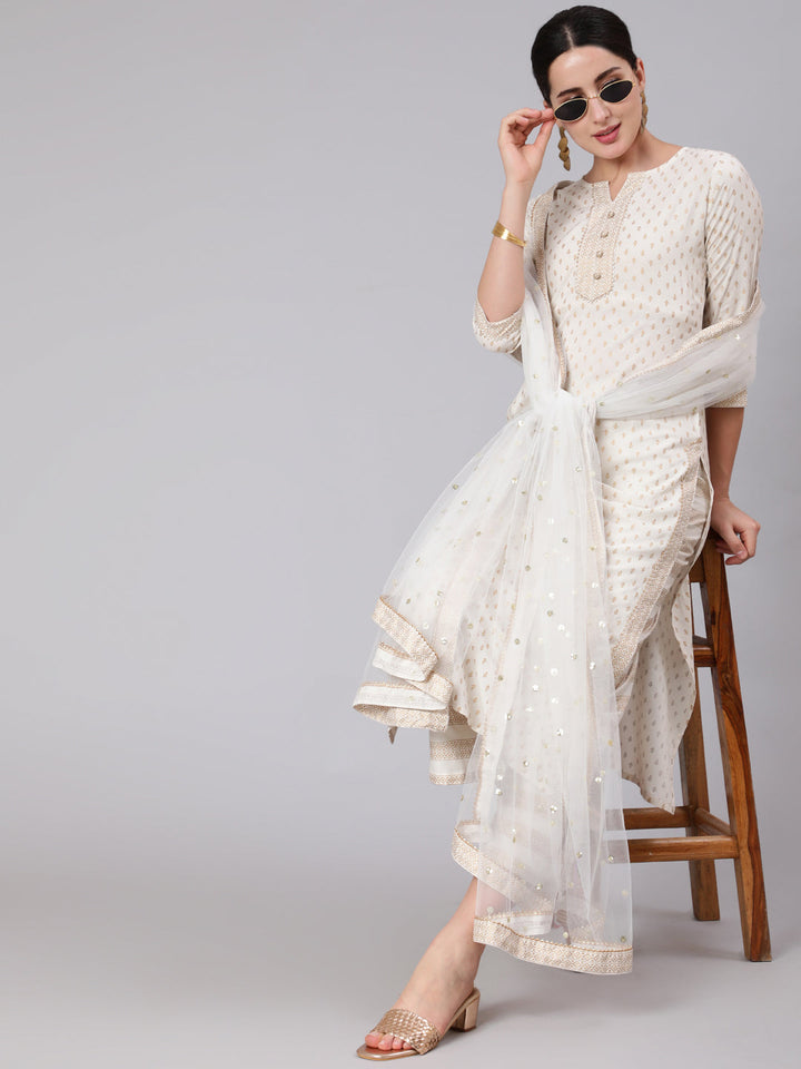 White Gold Printed Straight Kurta Set With Net Dupatta