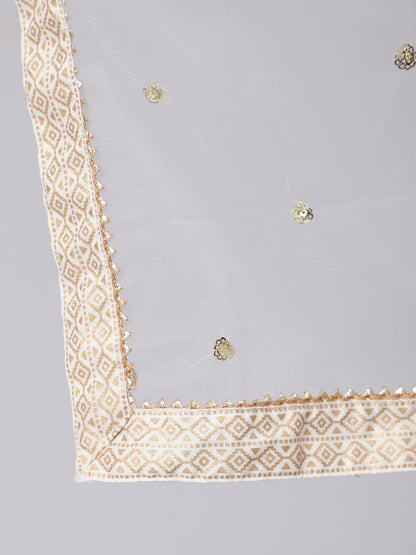 White Gold Printed Straight Kurta Set With Net Dupatta