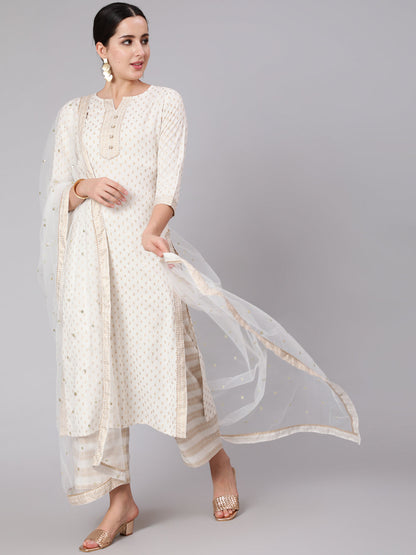 White Gold Printed Straight Kurta Set With Net Dupatta