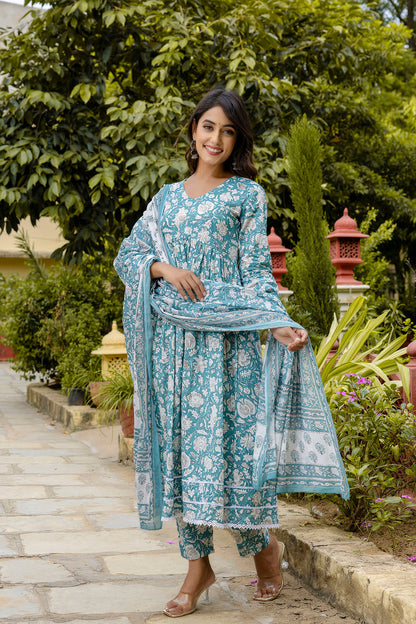 Blue Printed Anarkali Kurta Set With Dupatta