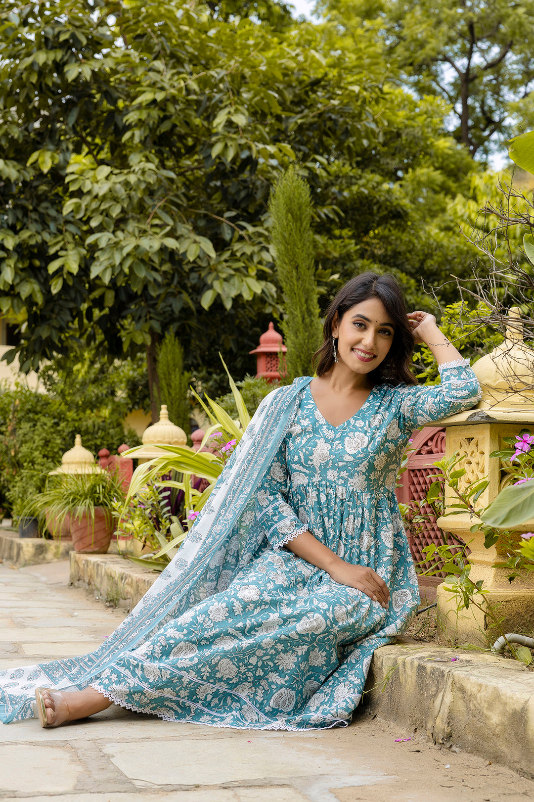 Blue Printed Anarkali Kurta Set With Dupatta