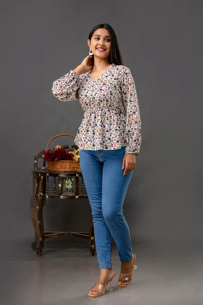 Off White Printed V-Neck Peplum Tunic