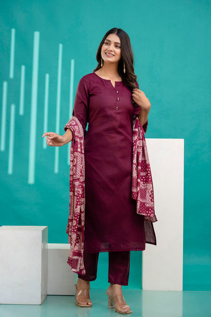 Burgundy Straight Kurta Set With Printed Dupatta