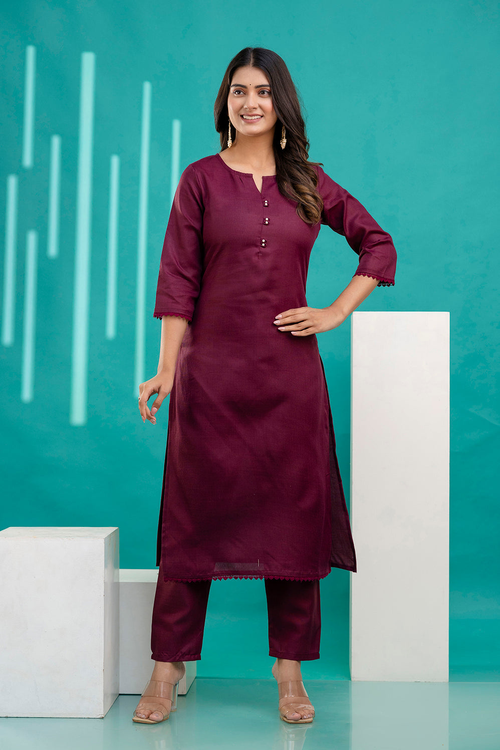 Burgundy Straight Kurta Set With Printed Dupatta
