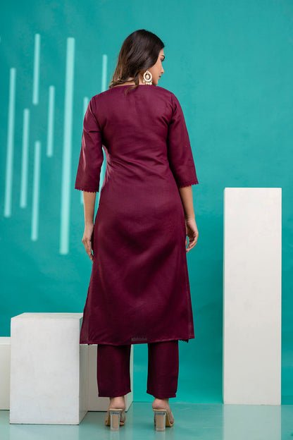 Burgundy Straight Kurta Set With Printed Dupatta