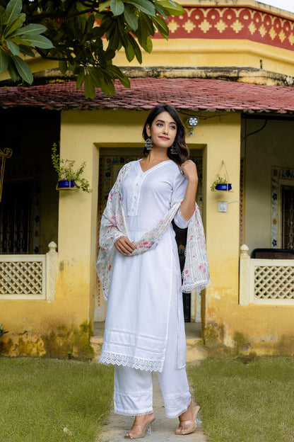 Pure White Straight Kurta Set With Printed Dupatta
