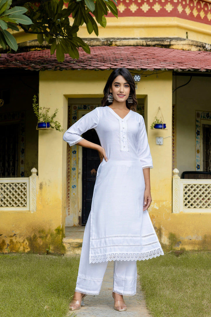 Pure White Straight Kurta Set With Printed Dupatta