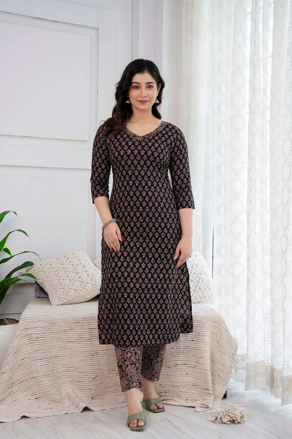 Black Printed Straight Kurta And Trouser With Dupatta