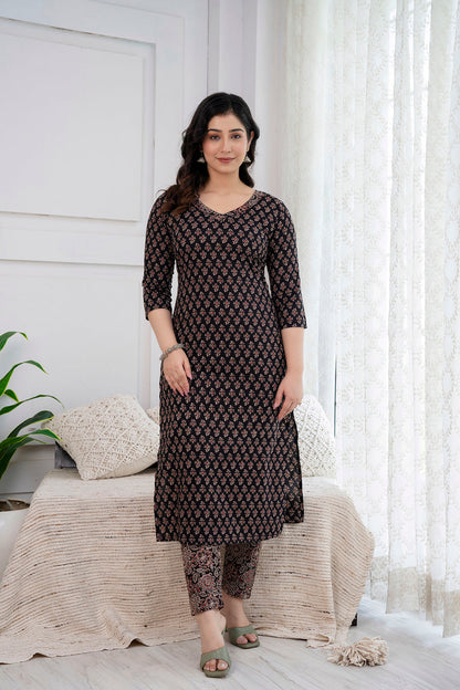 Black Printed Straight Kurta And Trouser With Dupatta