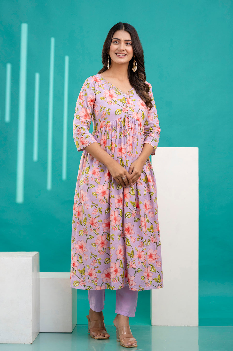 Lavender Printed Anarkali Kurta Set With Dupatta