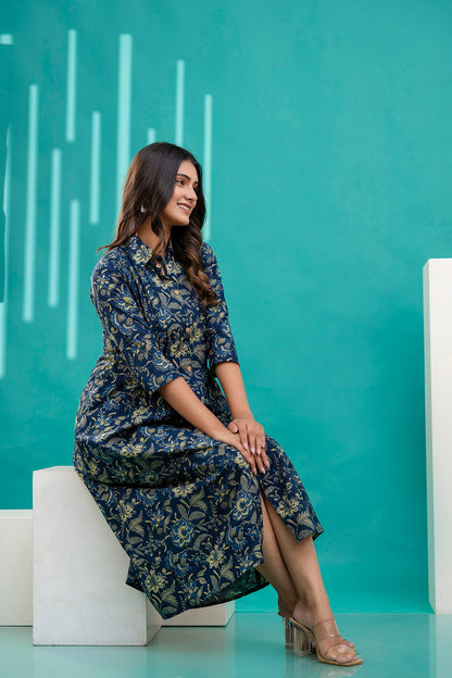 Blue Printed Flared Dress With Three Quarter Sleeves