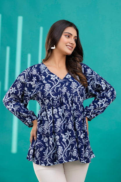 Navy Blue Printed V-Neck Peplum Tunic