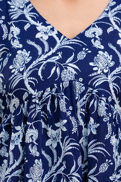 Navy Blue Printed V-Neck Peplum Tunic