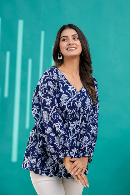 Navy Blue Printed V-Neck Peplum Tunic