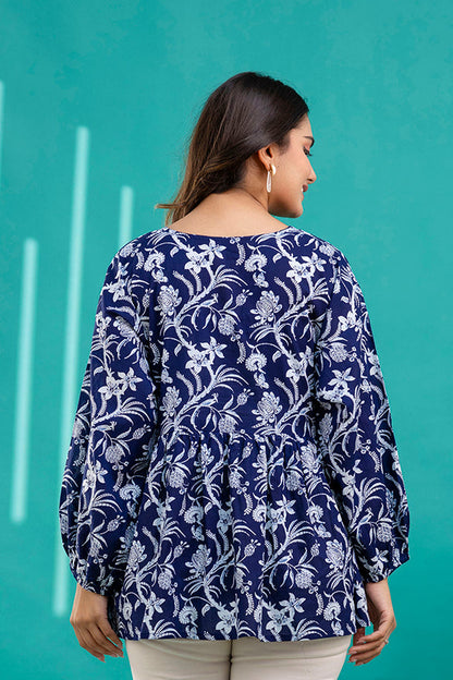 Navy Blue Printed V-Neck Peplum Tunic