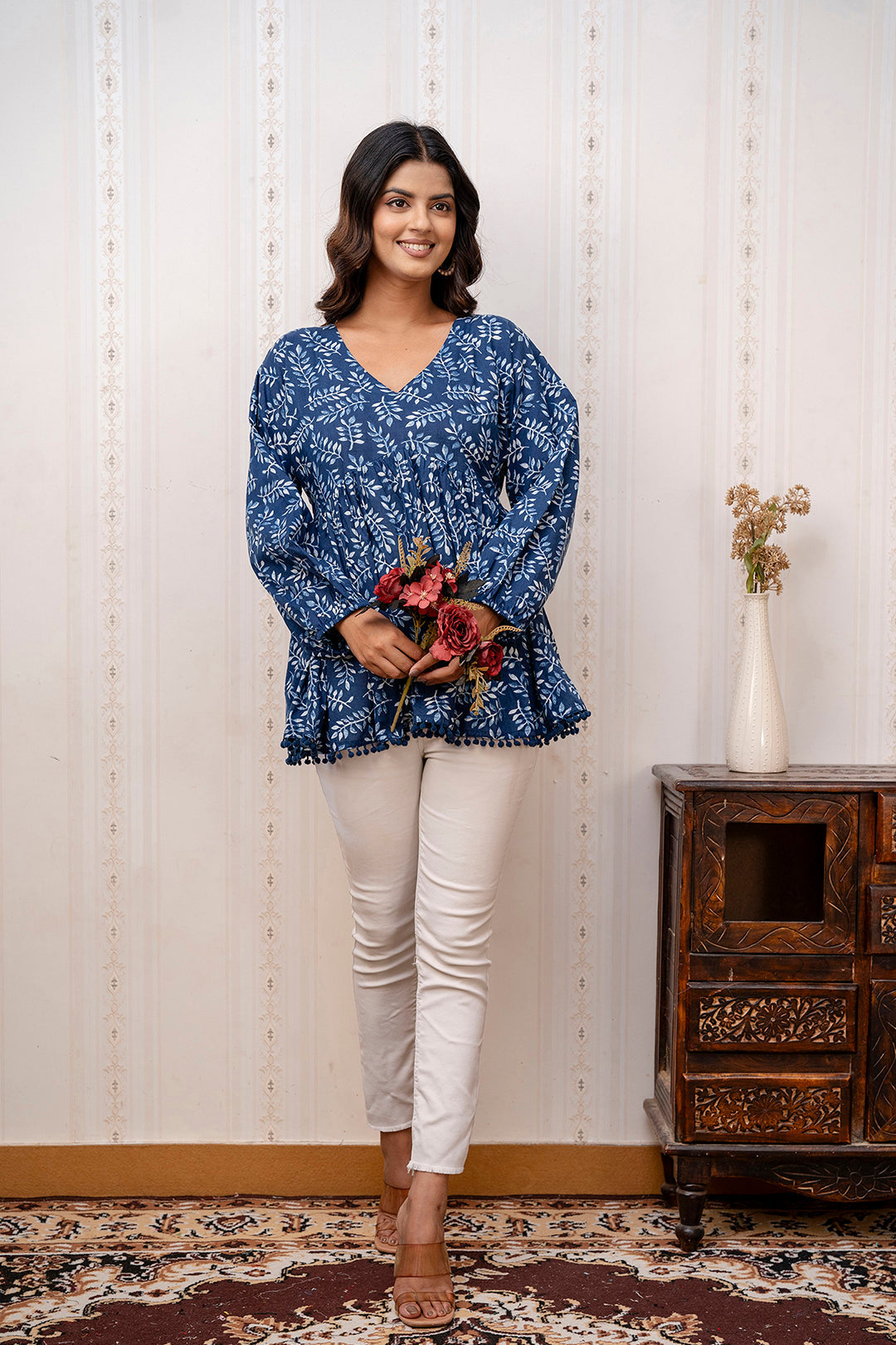 Navy Blue Printed V-Neck Peplum Tunic