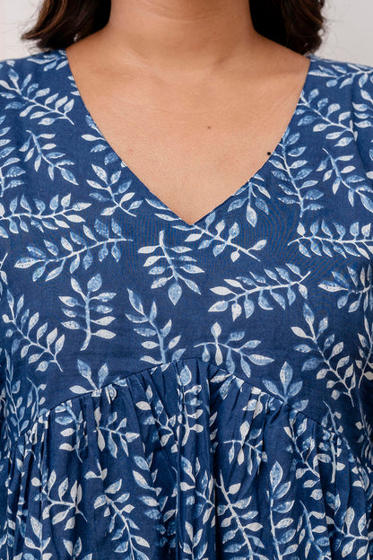 Navy Blue Printed V-Neck Peplum Tunic