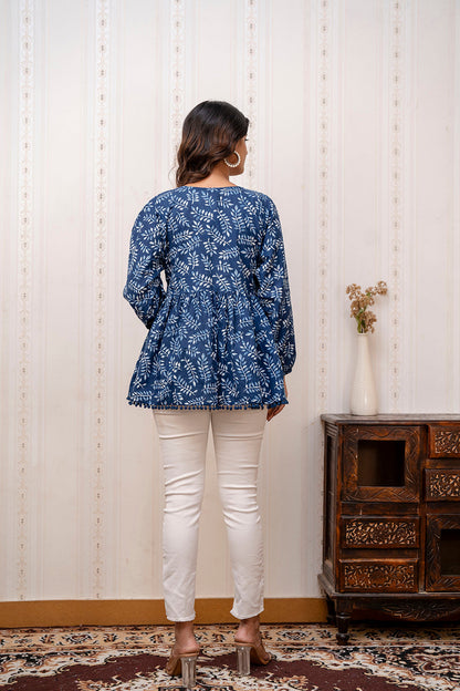 Navy Blue Printed V-Neck Peplum Tunic