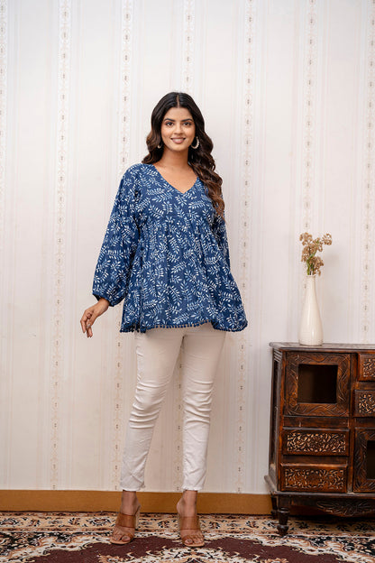 Navy Blue Printed V-Neck Peplum Tunic