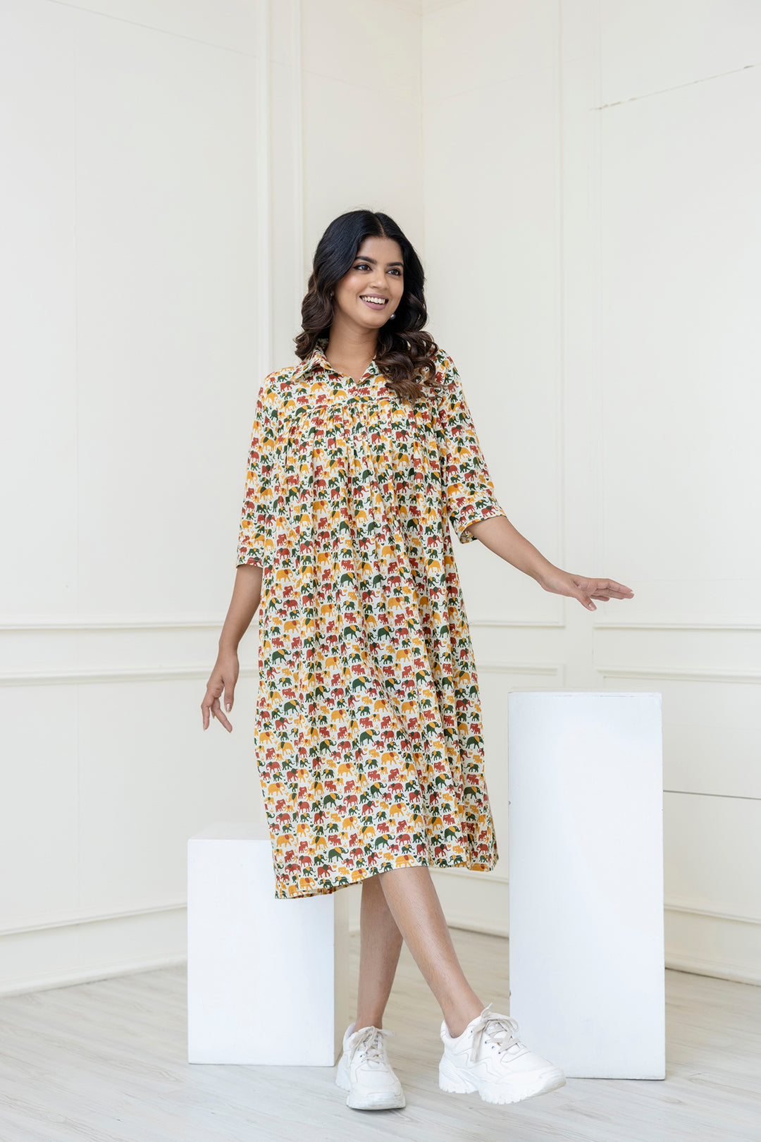 Multicolor Printed Flared Midi Dress