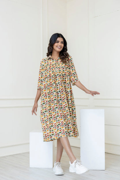 Multicolor Printed Flared Midi Dress